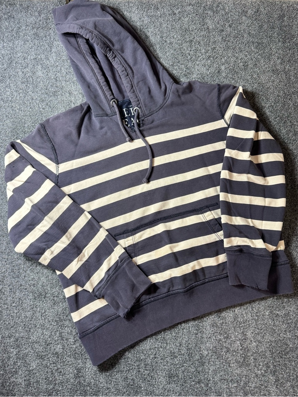 American Eagle Outfitters Navy and Cream Striped Hooded Sweater